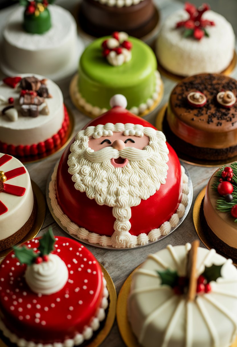A variety of Christmas cakes shaped like Santa Claus and other festive designs arranged on a wooden or marble surface.
