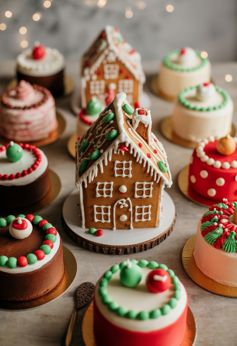 A festive display of a gingerbread house cake surrounded by nine other Christmas cakes on a rustic surface.