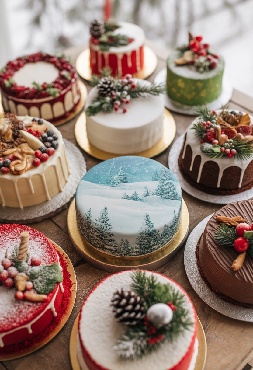 A collection of Christmas cakes decorated with snowy and festive holiday details arranged on a rustic surface.