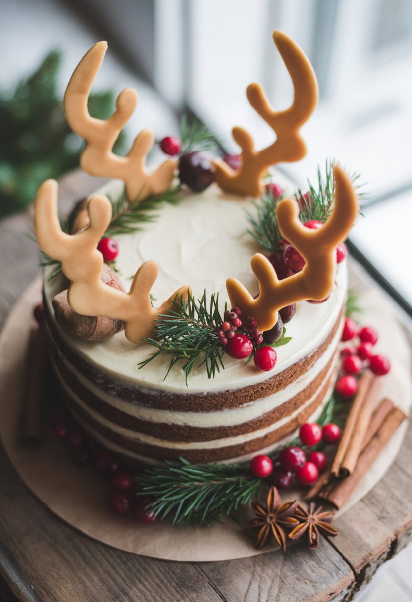 A layered Christmas cake decorated with reindeer antlers and festive garnishes on a rustic wooden surface surrounded by fresh ingredients.