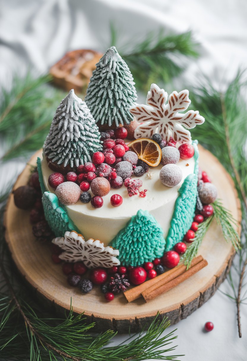 A Christmas cake decorated with snow-covered pine trees, berries, and festive elements on a wooden surface with blurred background.