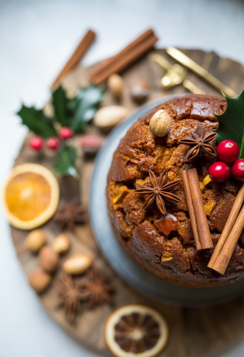 A spiced rum Christmas cake decorated with cranberries and holly leaves, surrounded by cinnamon sticks, star anise, dried orange slices, and nuts on a rustic wood surface.