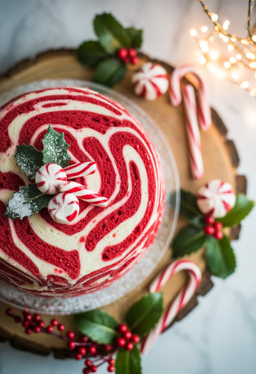 A Candy Cane Swirl Cake on a wooden surface surrounded by candy canes and red berries.