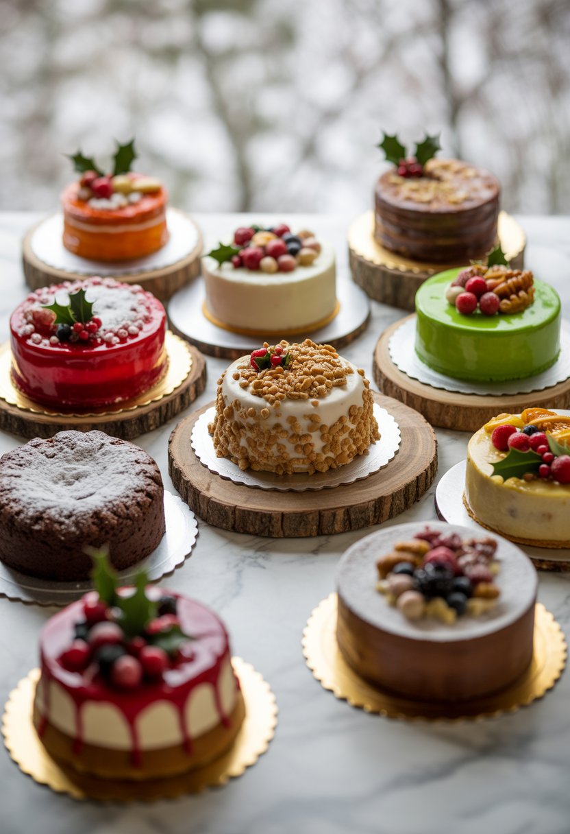 Ten different Christmas cakes arranged on wood and marble surfaces with fresh festive decorations and bright natural light.