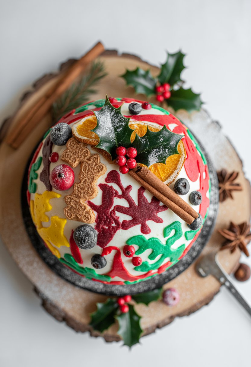 A decorated Christmas cake with holiday-themed toppings on a rustic surface surrounded by fresh ingredients.