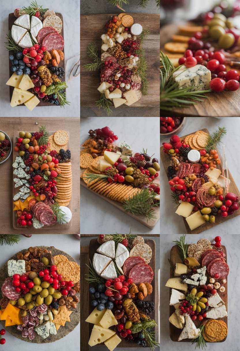 Nine Christmas charcuterie boards with cheeses, meats, berries, nuts, and festive garnishes arranged on rustic wood and marble surfaces.
