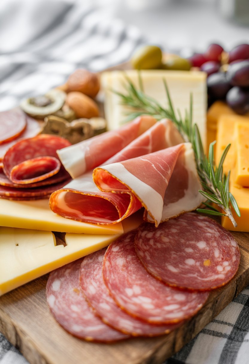 A wooden board with prosciutto, salami, aged cheddar, grapes, olives, and nuts arranged for a festive meat and cheese platter.
