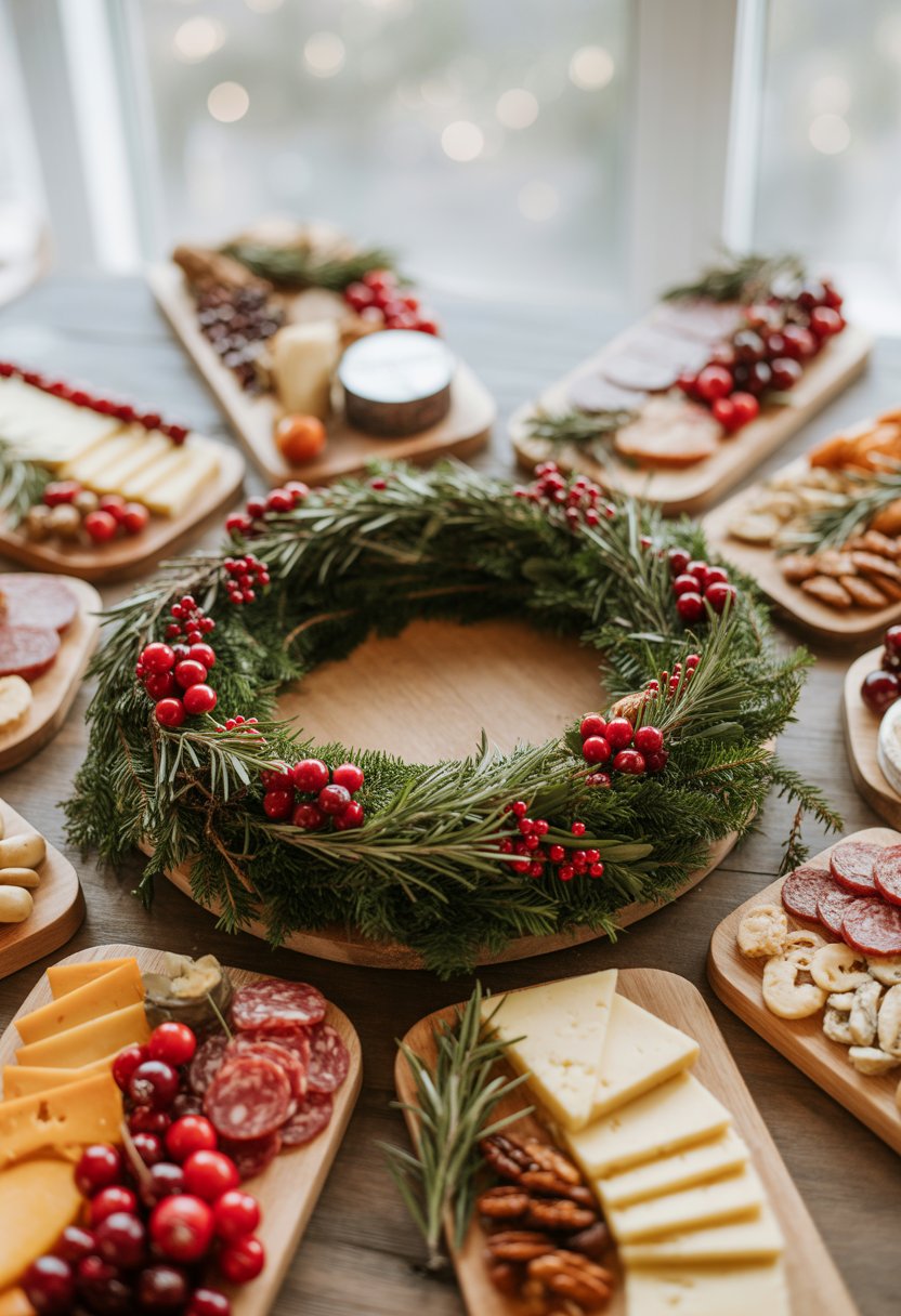A festive holiday wreath charcuterie board decorated with rosemary and cranberries, surrounded by nine Christmas-themed charcuterie boards with cheeses, meats, nuts, and fruits on a rustic surface.