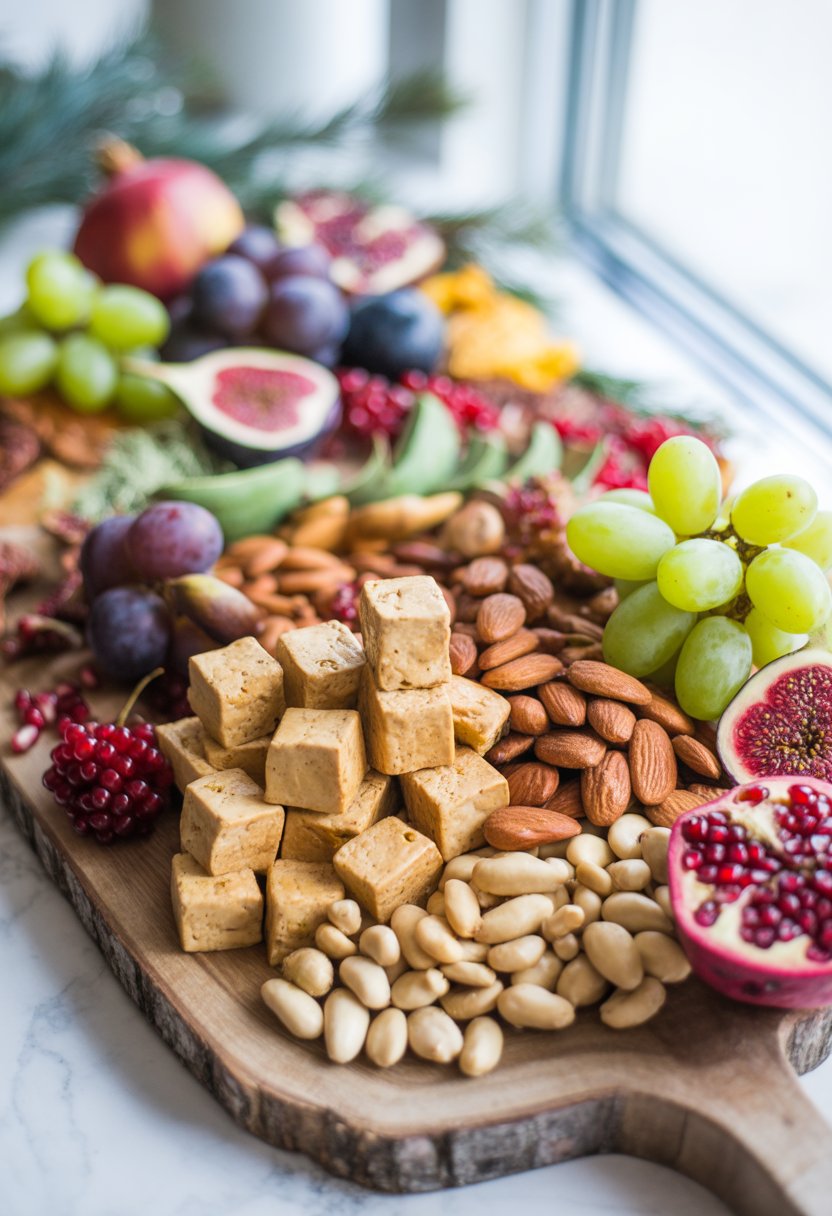 A vegan Christmas charcuterie board with marinated tofu, nuts, and fresh fruits arranged on a rustic surface.