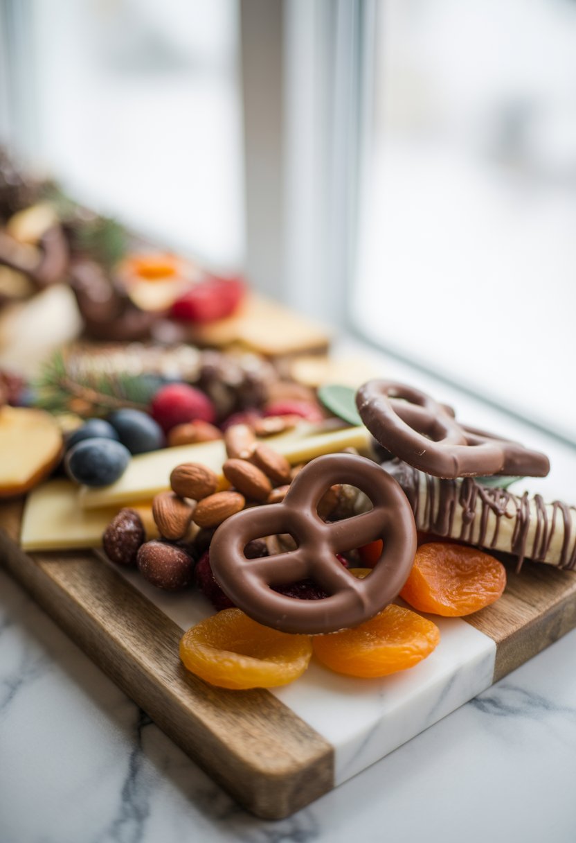 A dessert board with chocolate-covered pretzels, dried apricots, nuts, berries, and cheese arranged on a rustic wooden surface.