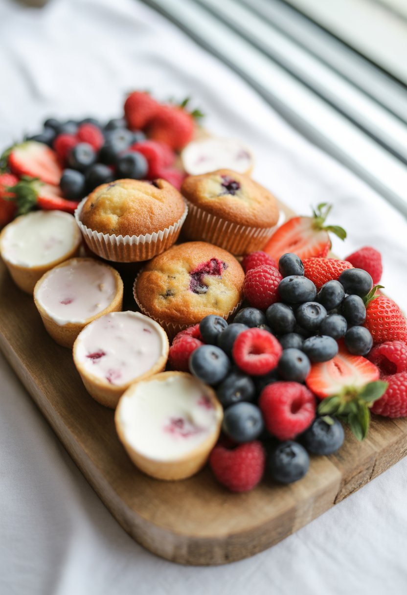 A breakfast charcuterie board with mini muffins, yogurt bites, and fresh berries on a rustic surface.