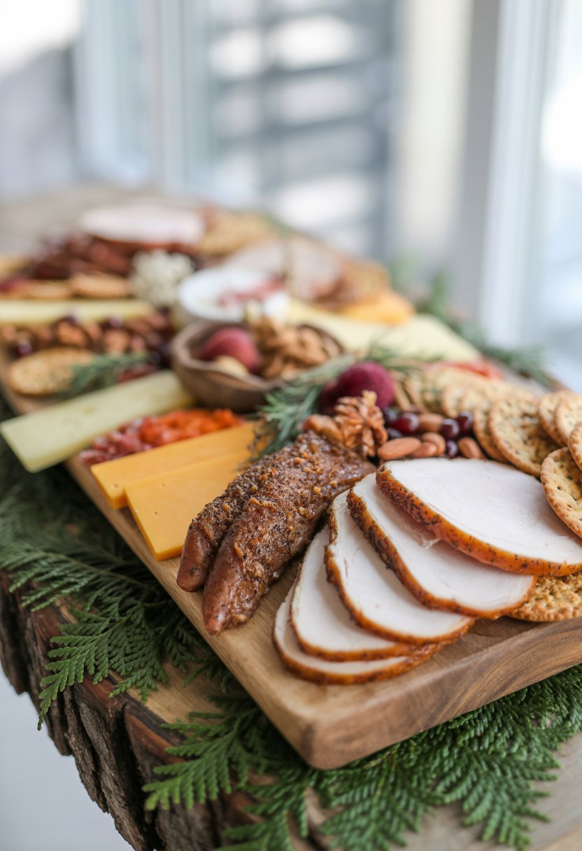 A rustic charcuterie board with smoked turkey, cheeses, nuts, fruits, and cedar branches on a wooden surface.