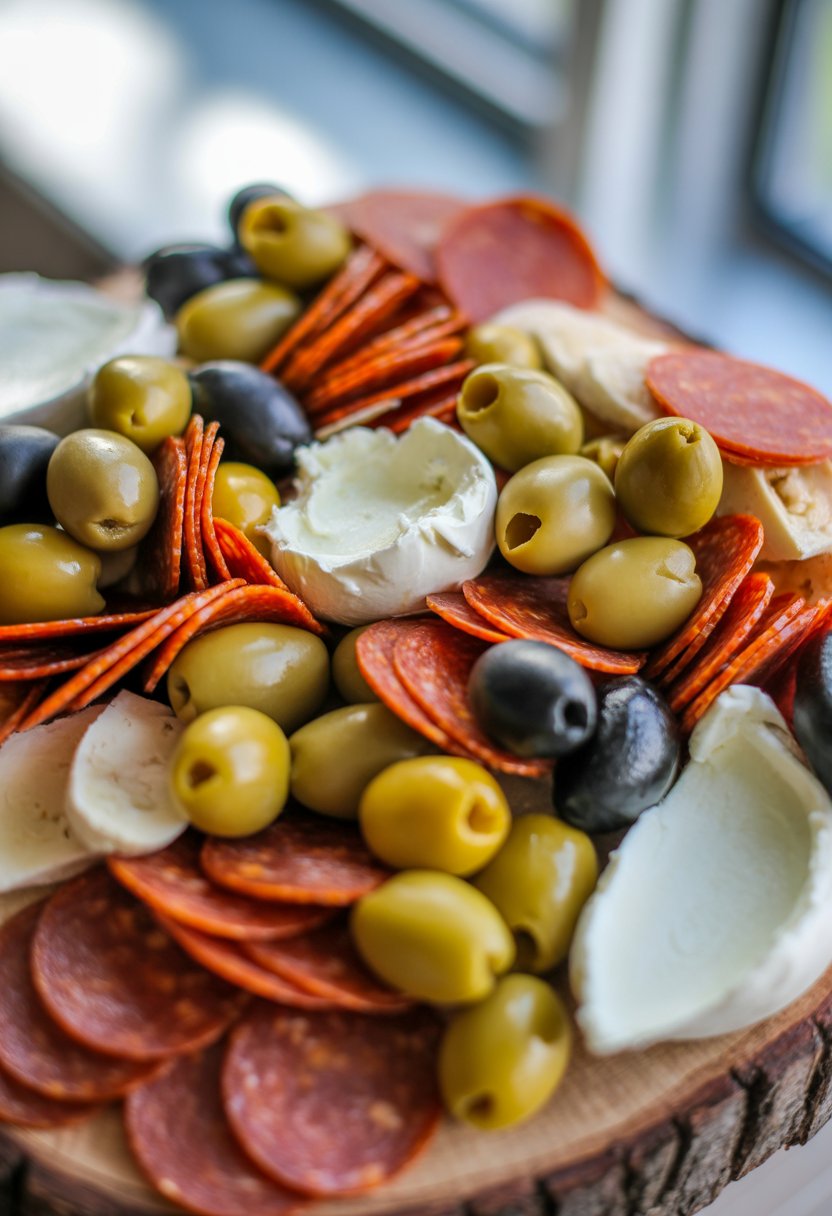 A keto-friendly charcuterie board with olives, pepperoni, and cream cheese on a rustic wood surface.