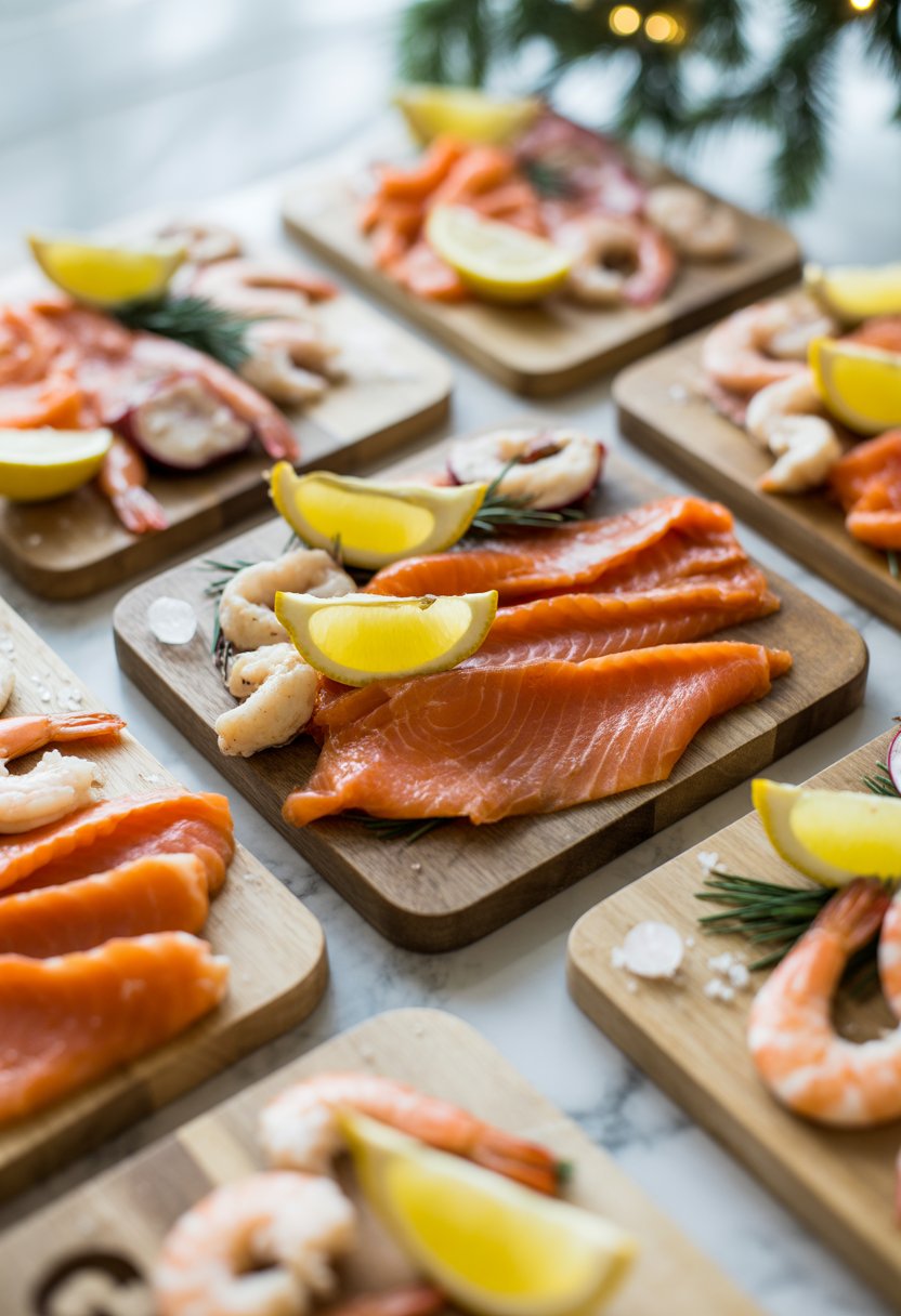 A seafood charcuterie board with smoked salmon, shrimp cocktail, and lemon wedges arranged on a rustic surface, with nine similar boards blurred in the background.