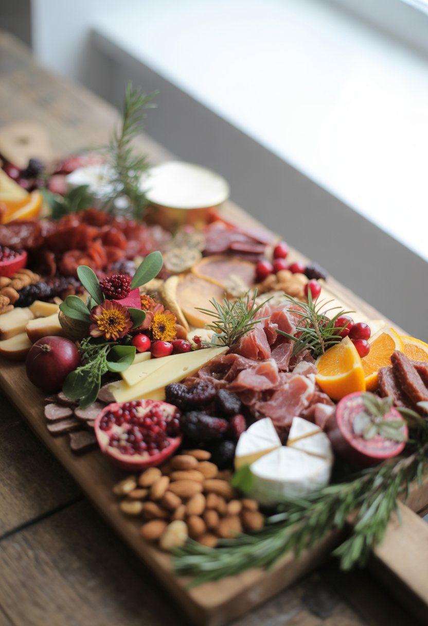 A Christmas charcuterie board with meats, cheeses, fruits, nuts, and festive garnishes on a rustic wooden surface.