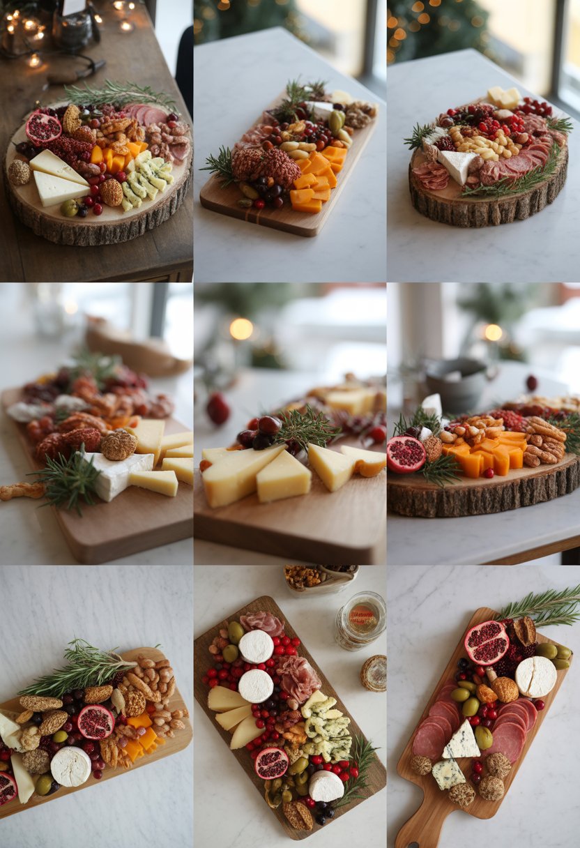 Nine Christmas charcuterie boards arranged with cheeses, meats, fruits, nuts, and festive garnishes on wood and marble surfaces.