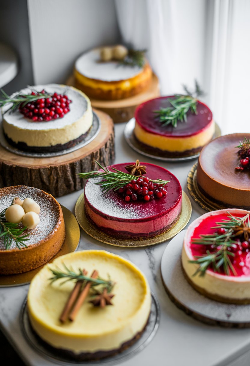 Eight different Christmas cheesecakes arranged on rustic wood and marble surfaces with fresh festive toppings and decorations.