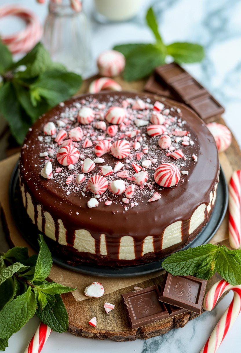 A double-chocolate peppermint cheesecake topped with crushed peppermint candy on a wooden surface, surrounded by peppermint leaves, dark chocolate pieces, and candy canes.