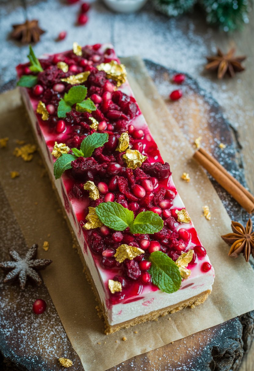 A no-bake Christmas cheesecake slab decorated with cranberries, pomegranate seeds, and mint leaves on a rustic surface, surrounded by festive spices and powdered sugar.