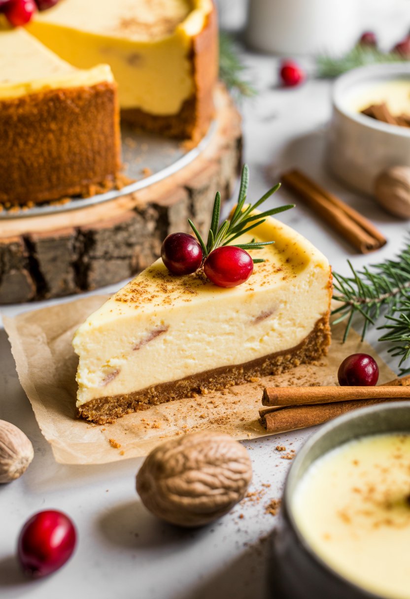 A slice of eggnog cheesecake with nutmeg crust on a rustic wooden surface, garnished with cranberries and rosemary, surrounded by festive spices.