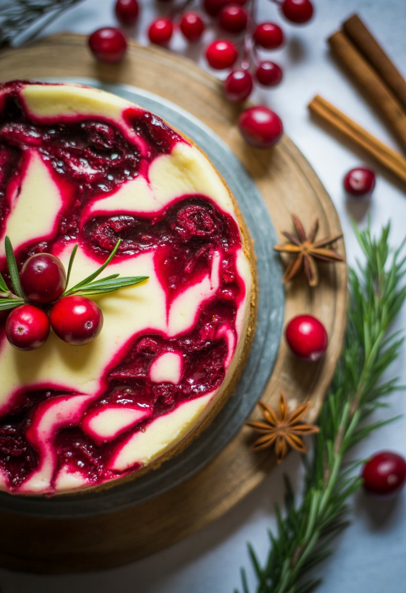 A cranberry swirl cheesecake on a rustic surface with fresh cranberries and holiday spices around it.