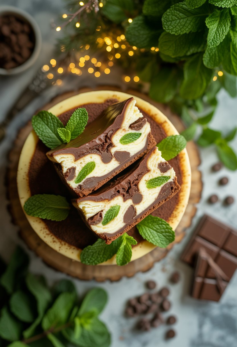 A sliced mint chocolate chip cheesecake on a rustic surface surrounded by fresh mint leaves and chocolate pieces.