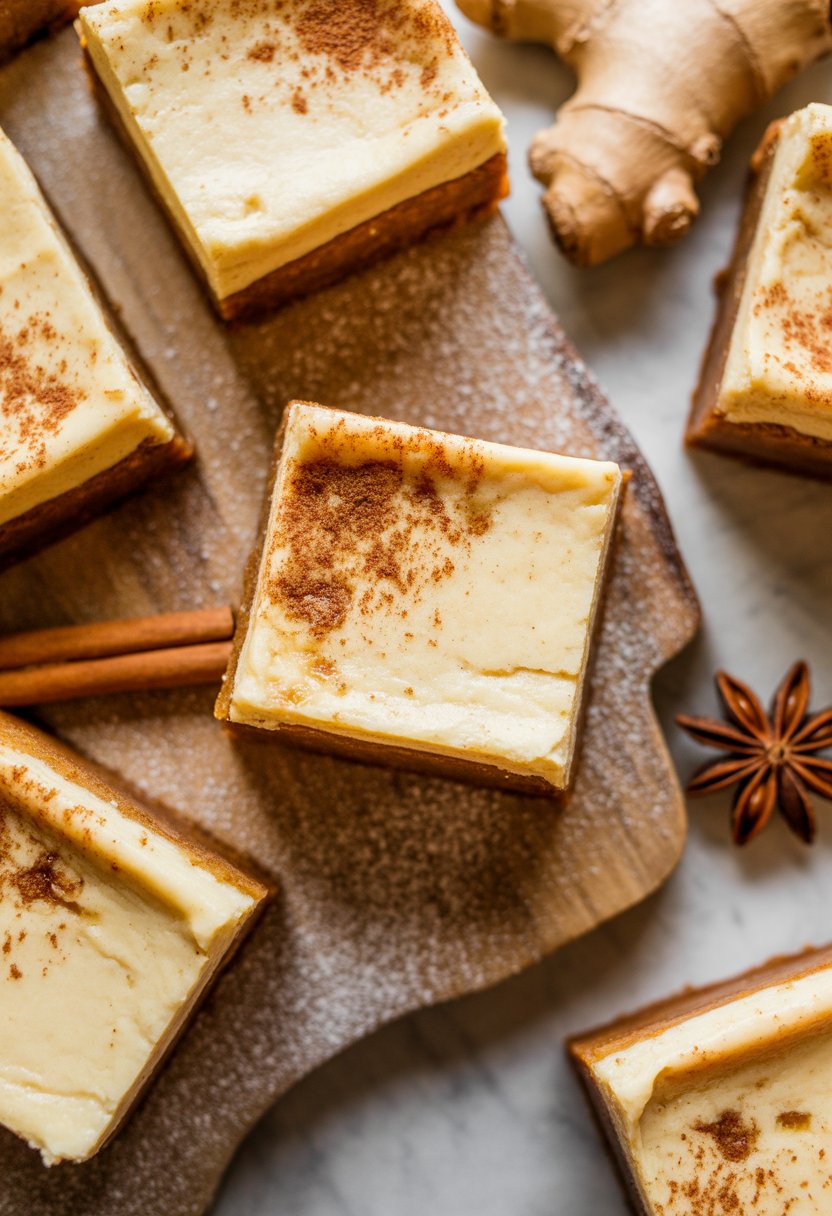 Close-up of gingerbread cheesecake bars on a rustic surface with fresh ginger, cinnamon sticks, and powdered sugar around them.