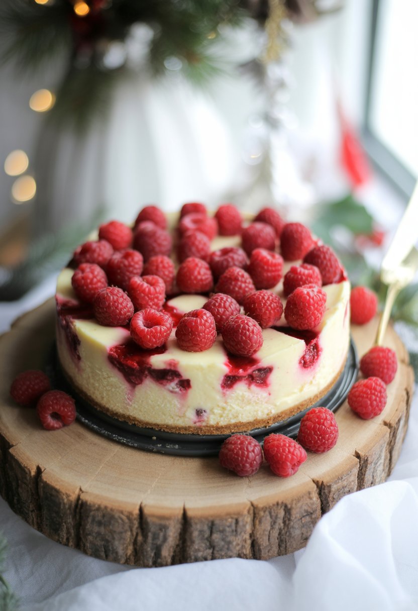 A white chocolate raspberry cheesecake topped with fresh raspberries on a rustic wooden surface, surrounded by festive greenery and soft blurred background.