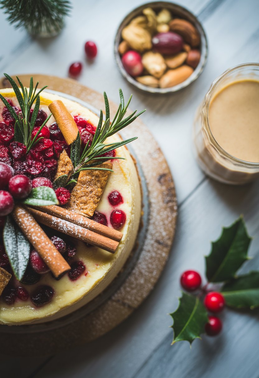 A festive Christmas cheesecake on a rustic surface surrounded by fresh cranberries, rosemary, cinnamon sticks, and holiday decorations.