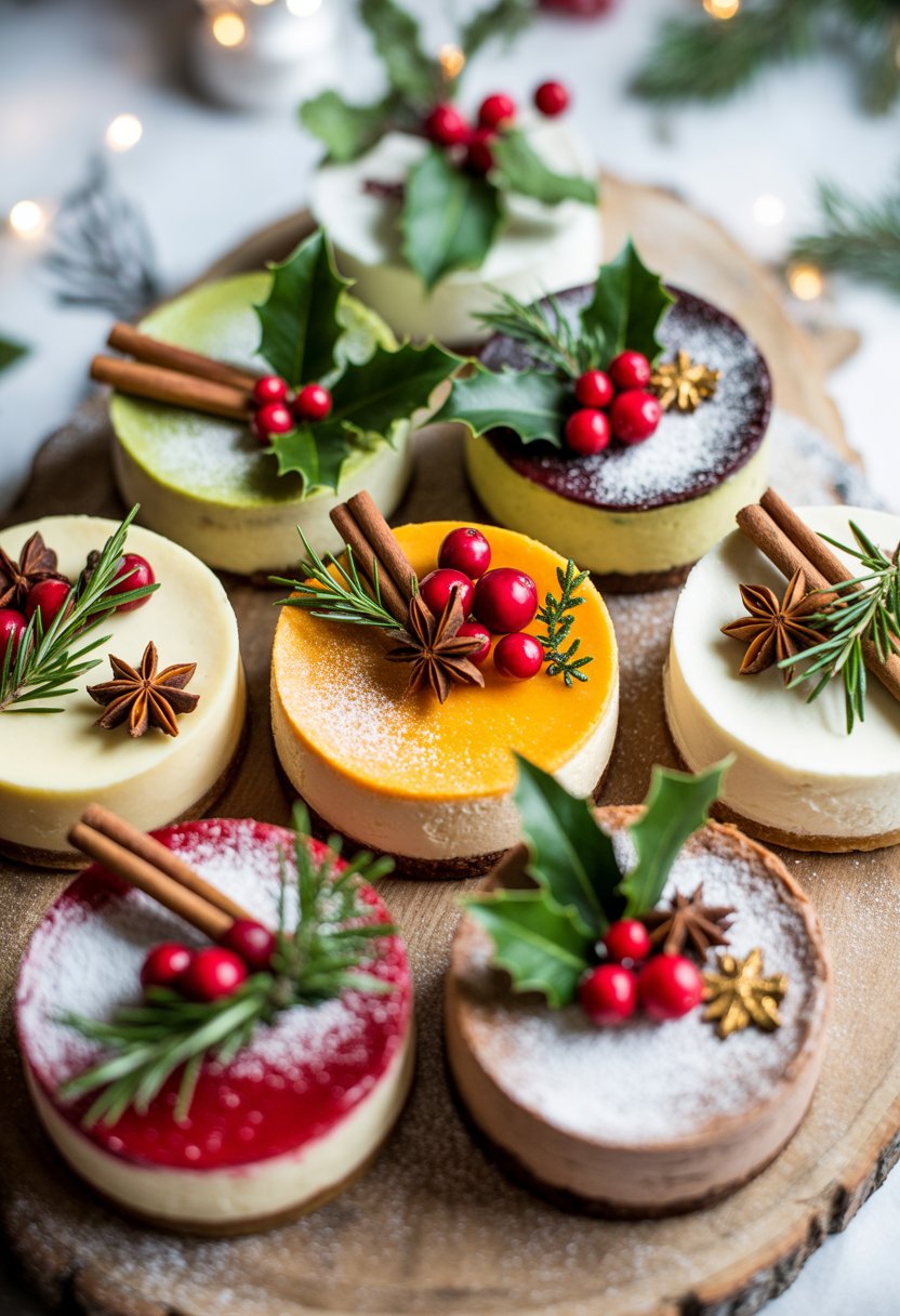 Eight decorated Christmas cheesecakes on a wooden or marble surface with festive toppings like cranberries, holly leaves, and spices, softly blurred background.