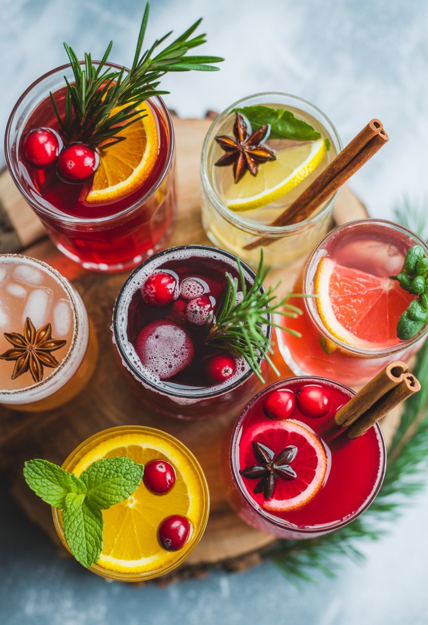 Seven colorful Christmas cocktails garnished with fresh herbs and fruits, arranged on a rustic wood or marble surface.
