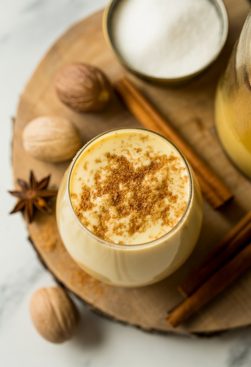 A glass of classic eggnog topped with nutmeg on a wooden or marble surface, surrounded by whole nutmeg, cinnamon sticks, and star anise.