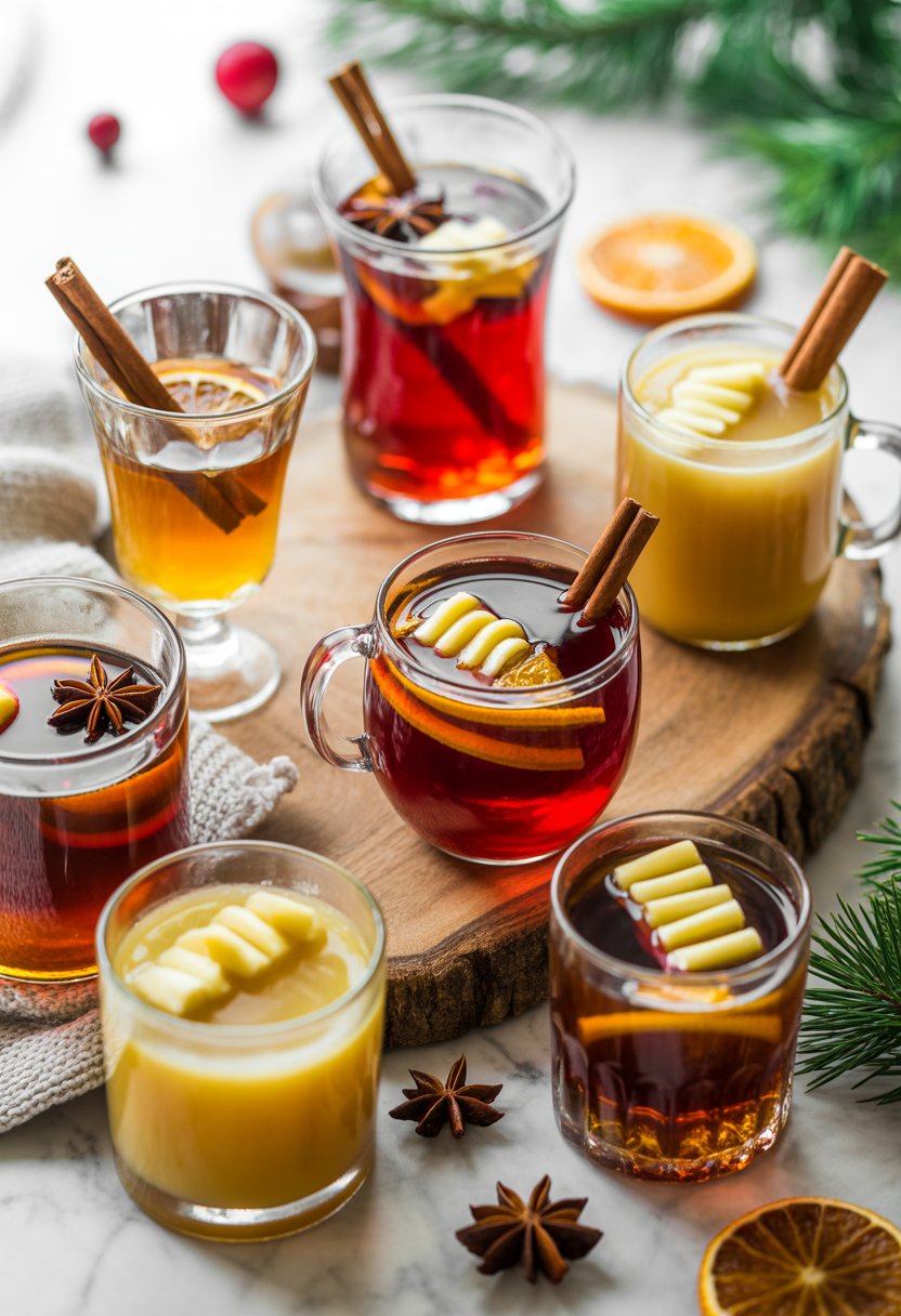 Seven Hot Buttered Rum cocktails on a rustic surface, garnished with spices and citrus, surrounded by holiday decorations.