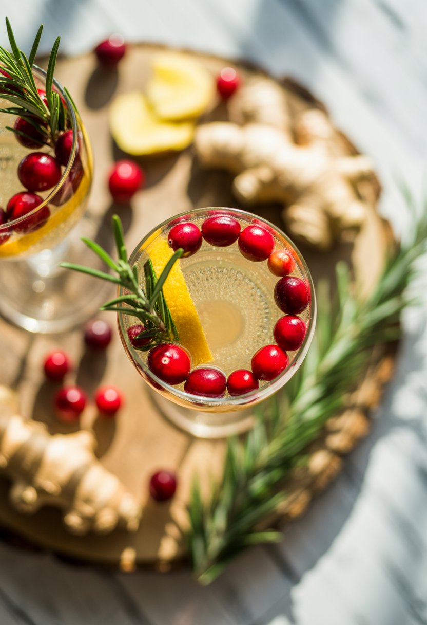 A glass of cranberry ginger mimosa cocktail on a rustic surface surrounded by fresh cranberries, ginger slices, and rosemary sprigs.