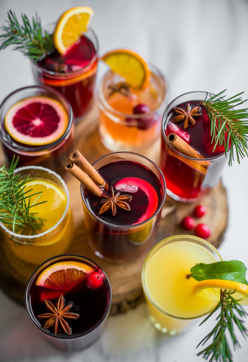Seven colorful Christmas cocktails with mulled wine and fresh garnishes arranged on a rustic surface.
