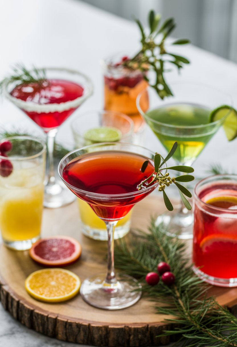 Seven colorful Christmas cocktails including a Mistletoe Martini arranged on a rustic surface with fresh garnishes and festive decorations.