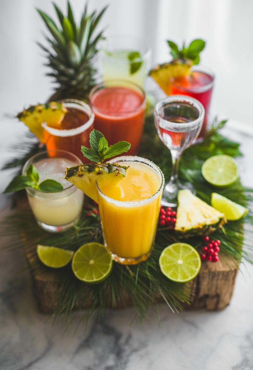 A collection of seven colorful holiday cocktails, including a Mai Tai, arranged on a wooden or marble surface with fresh fruit garnishes and mint leaves.