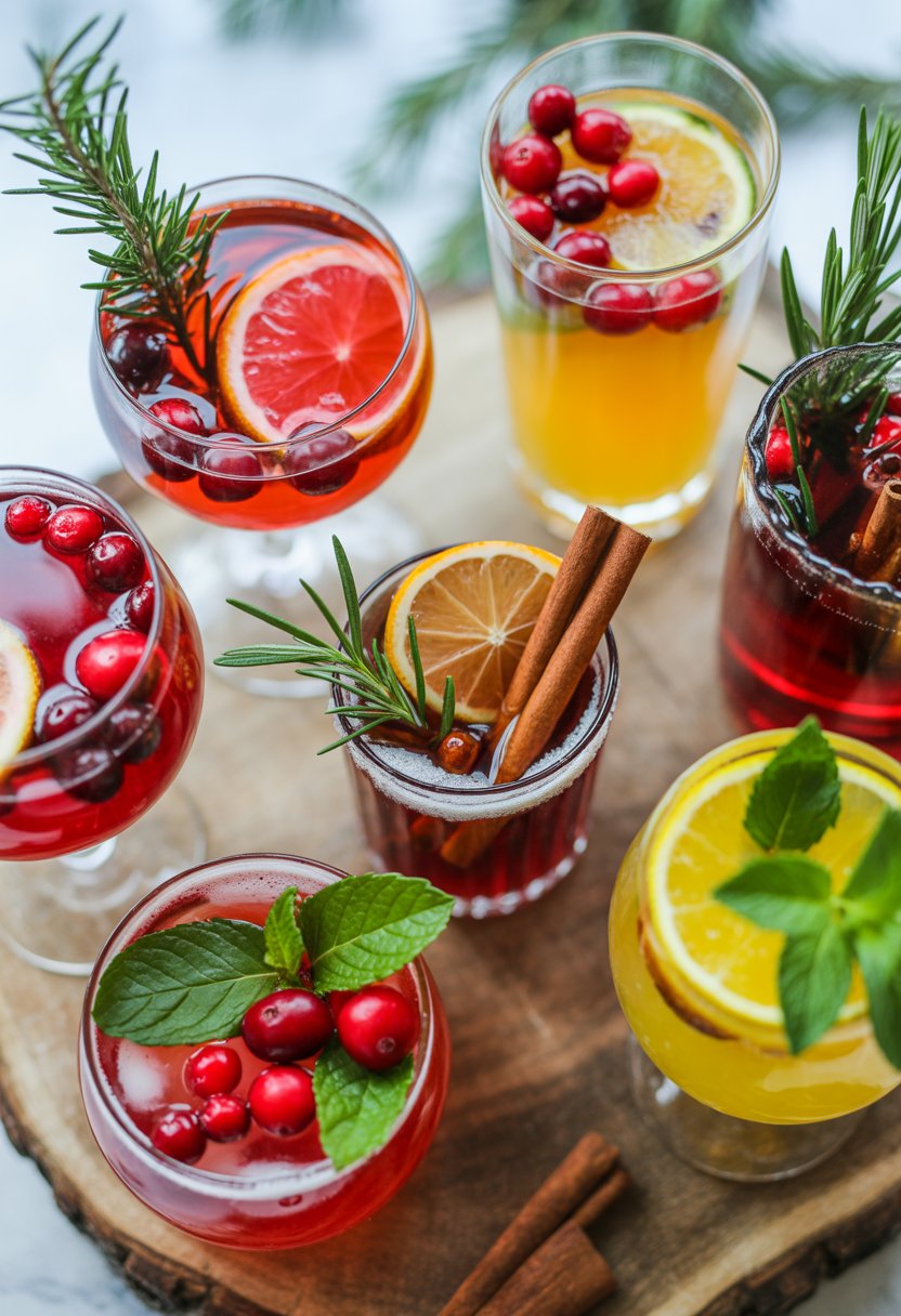 Seven colorful Christmas cocktails with fresh garnishes arranged on a rustic surface, captured with bright natural light and a softly blurred background.