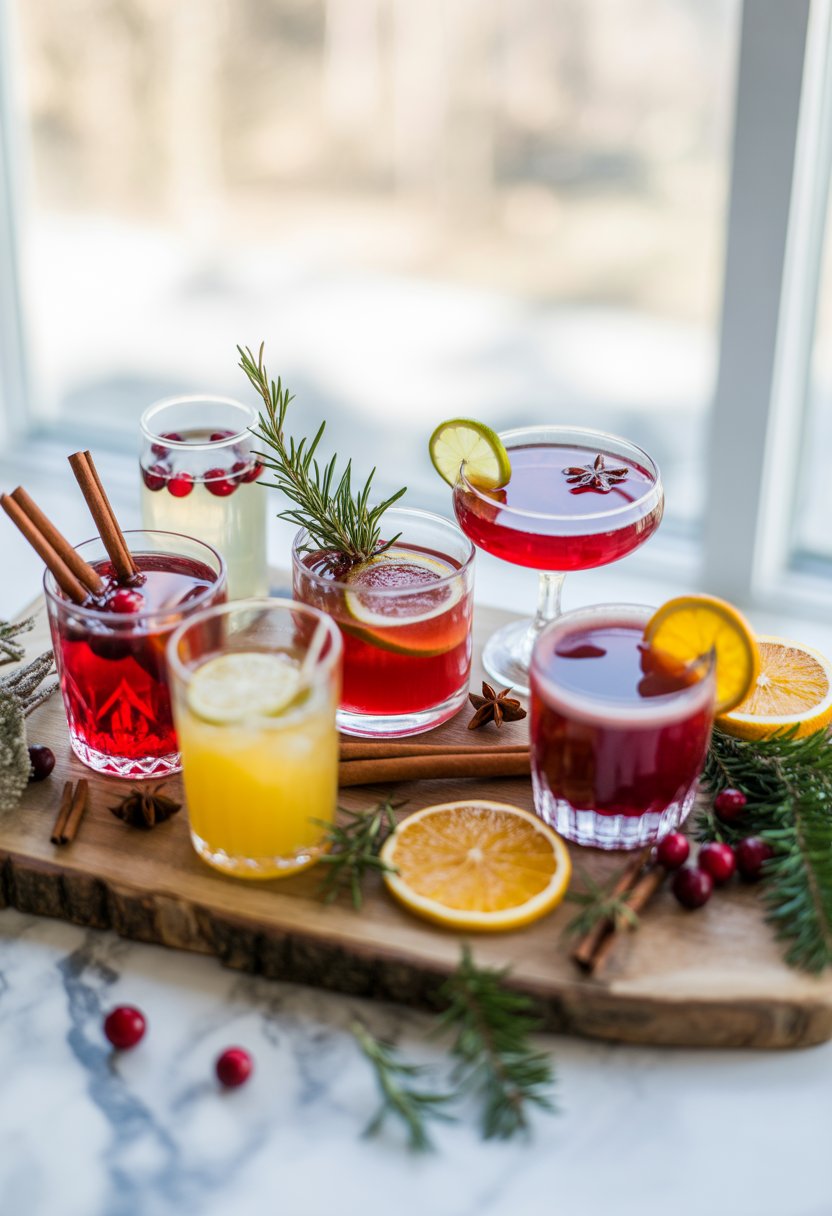 Seven colorful Christmas cocktails arranged on a rustic wood surface with fresh holiday ingredients around them.