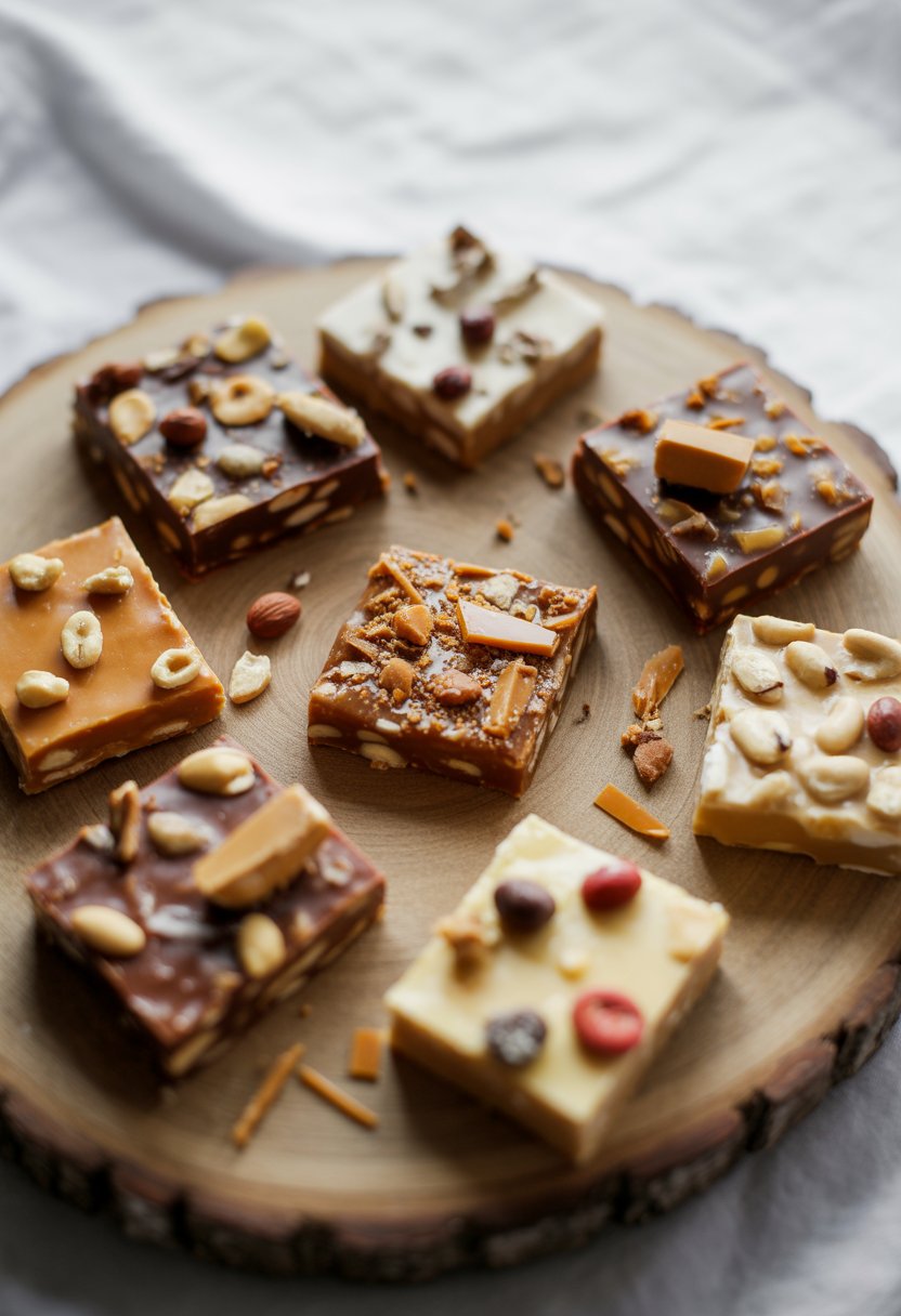 Eight pieces of Christmas cracker toffee arranged on a wooden or marble surface with nuts and spices scattered around.