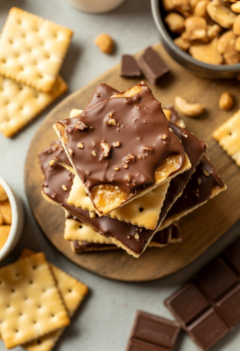 Close-up of saltine cracker toffee pieces coated in chocolate on a rustic surface with scattered ingredients around.
