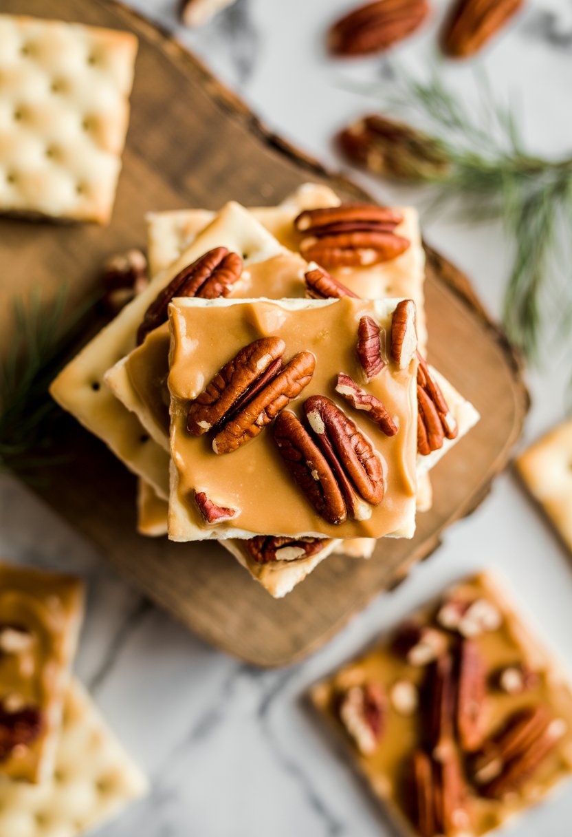 Close-up of Saltine Cracker Toffee topped with pecans arranged on a rustic wooden surface.