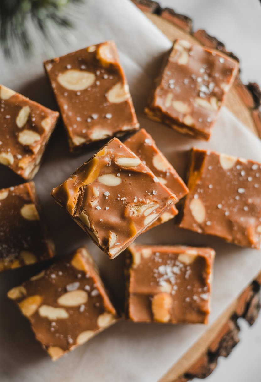 Eight pieces of Christmas Crack toffee arranged on a rustic surface with caramel, nuts, and sea salt.