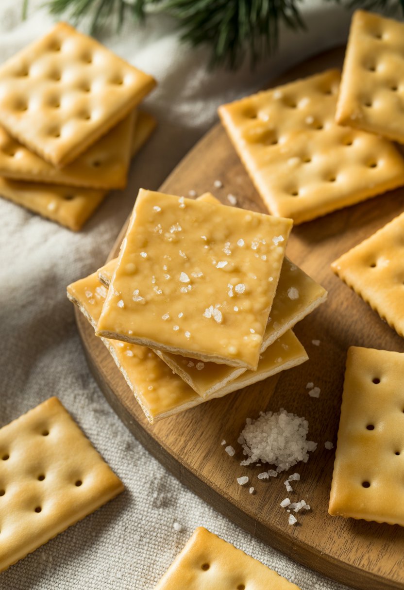 Close-up of pieces of saltine cracker toffee sprinkled with sea salt on a rustic wooden surface, with saltine crackers and sea salt crystals around them.