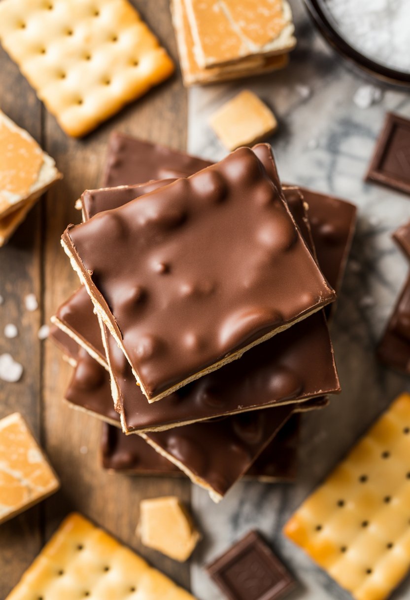 Close-up of chocolate-dipped saltine cracker toffee bars on a rustic surface with scattered ingredients in soft focus background.