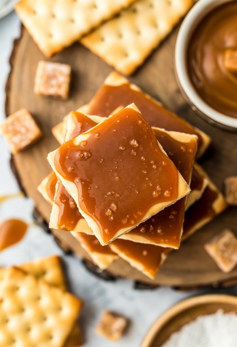 Close-up of golden caramelized toffee pieces on saltine crackers arranged on a rustic surface with caramel sauce and brown sugar nearby.