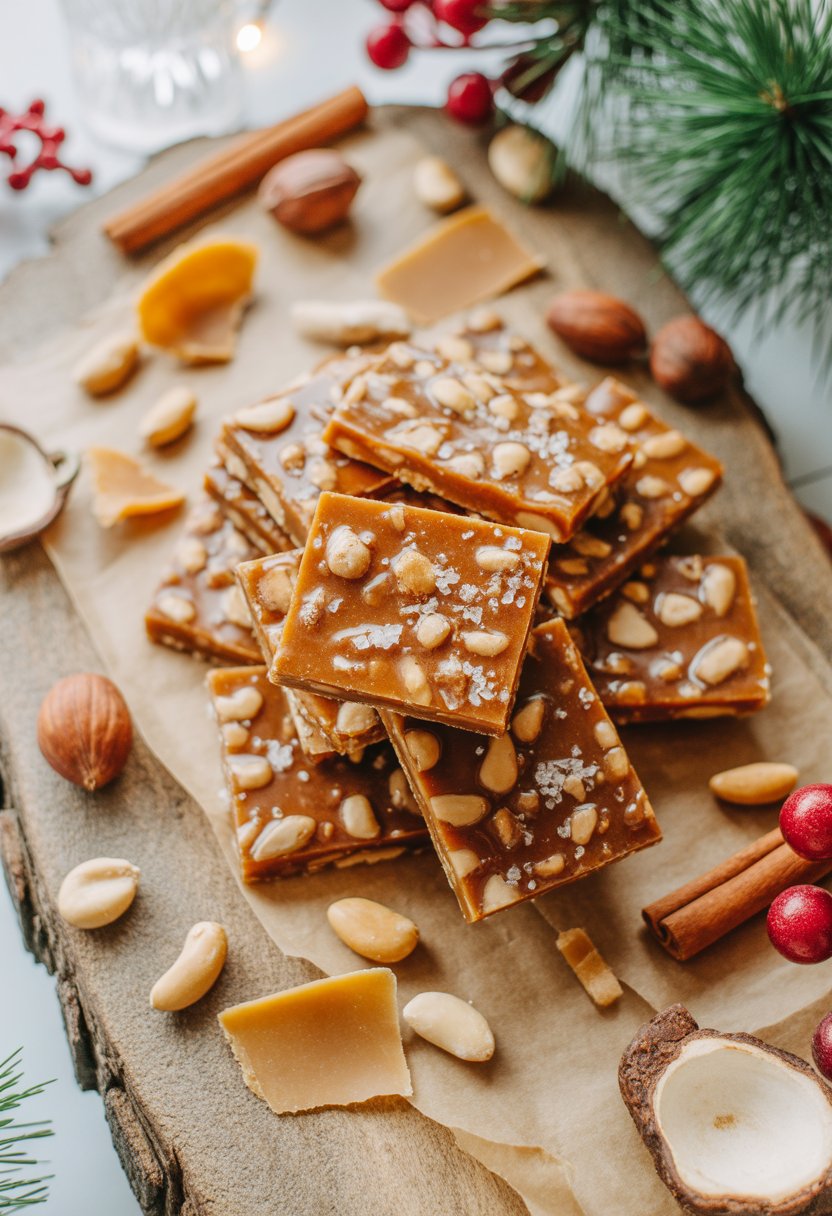 Close-up of Christmas cracker toffee pieces on a rustic surface surrounded by nuts, sea salt, and festive decorations.