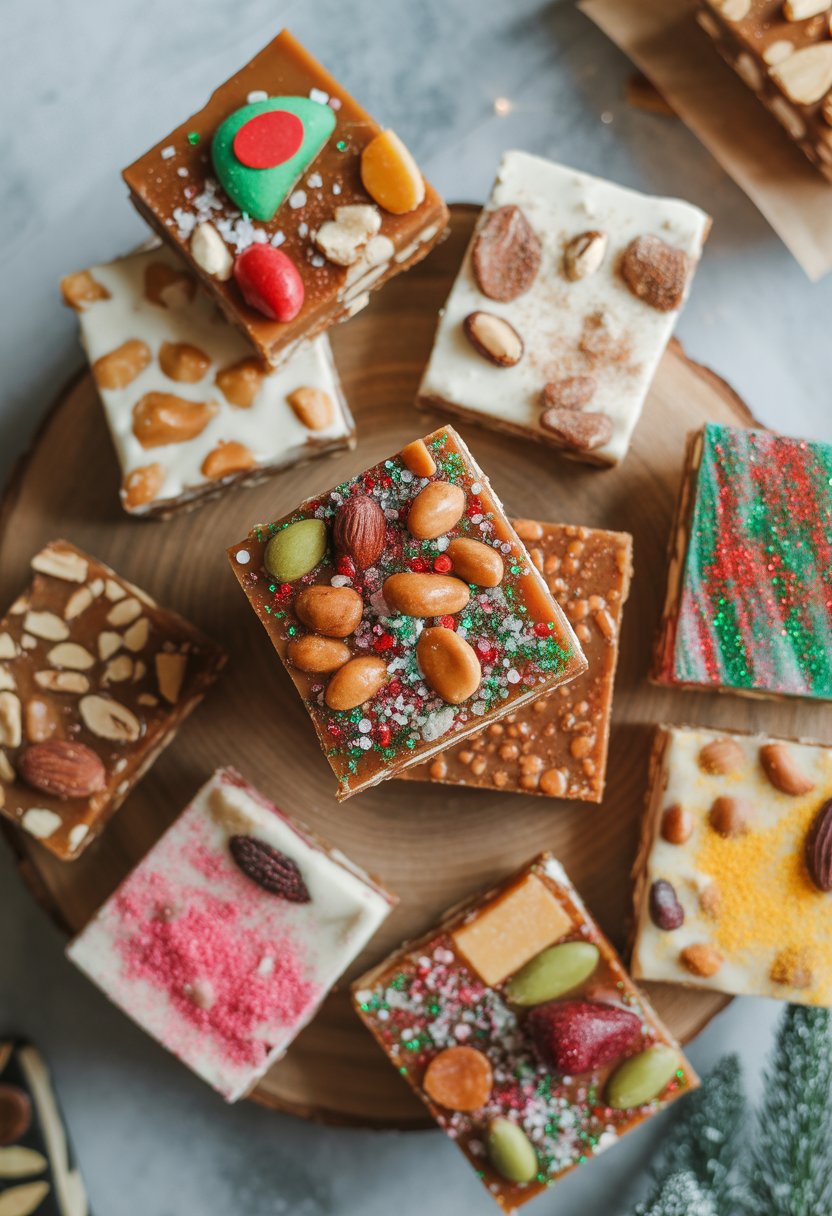 Eight pieces of Christmas cracker toffee with various toppings arranged on a rustic surface, with bright natural light and a softly blurred background.