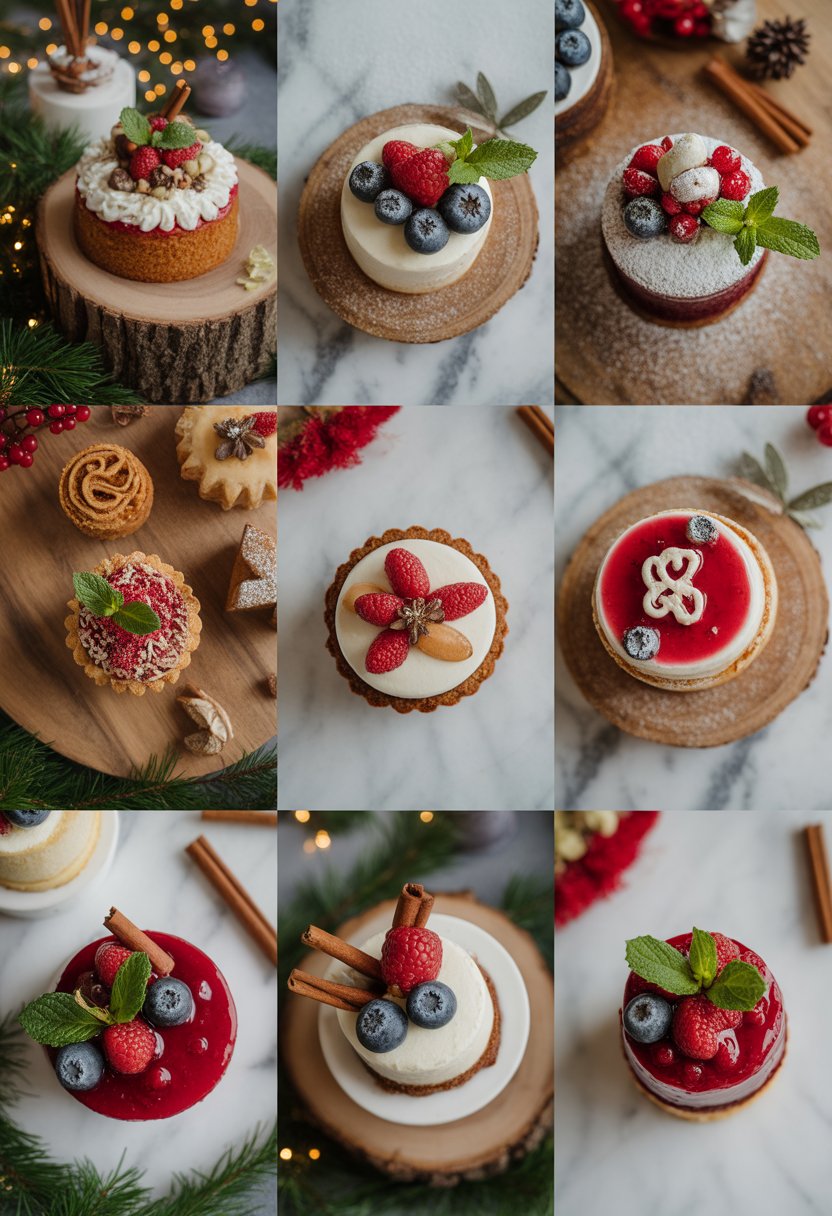 Nine different Christmas desserts arranged on rustic wood and marble surfaces with fresh ingredients and holiday decorations.
