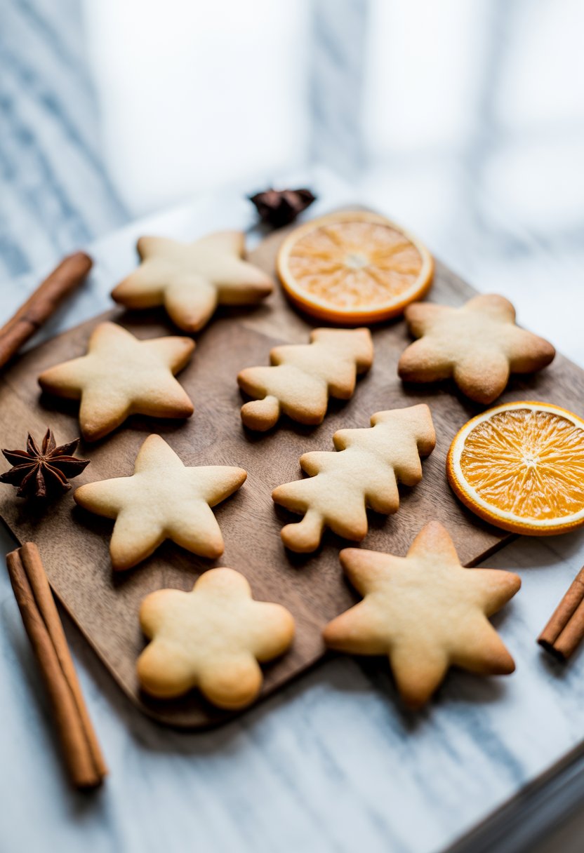 A variety of gingerbread cookies in festive shapes arranged on a wooden surface with spices and orange slices around them.